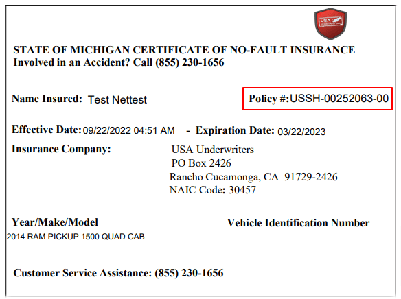 RateForce USA Underwriter proof of auto insurance card with policy number highlighted